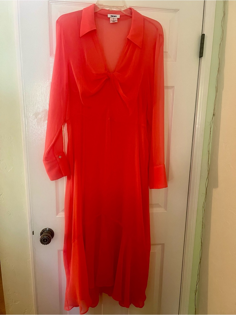 DKNY Sheer Coral Long-Sleeve Dress Size 14